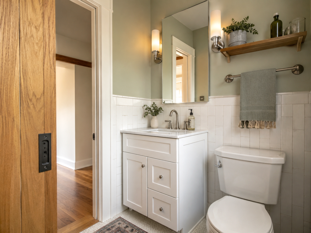 Small Chicago apartment bathroom with a pocket door, slim vanity, compact toilet, sage walls, and white tile.
