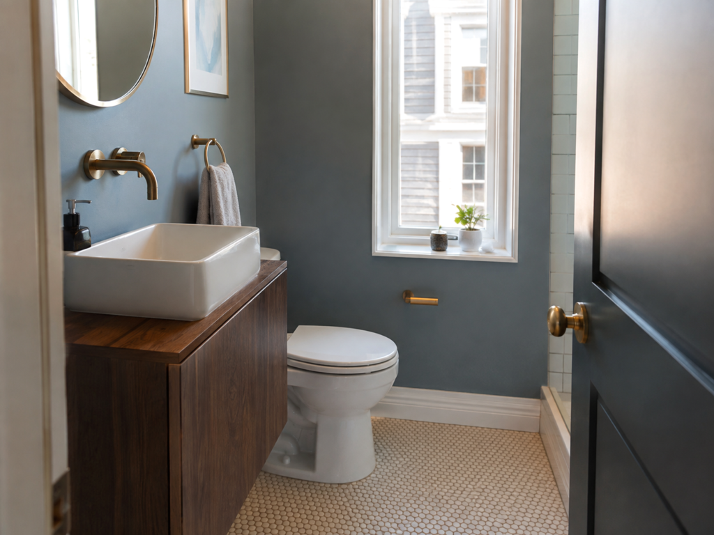Compact Boston bathroom with a 20-inch floating walnut vanity and narrow blue-gray walls.