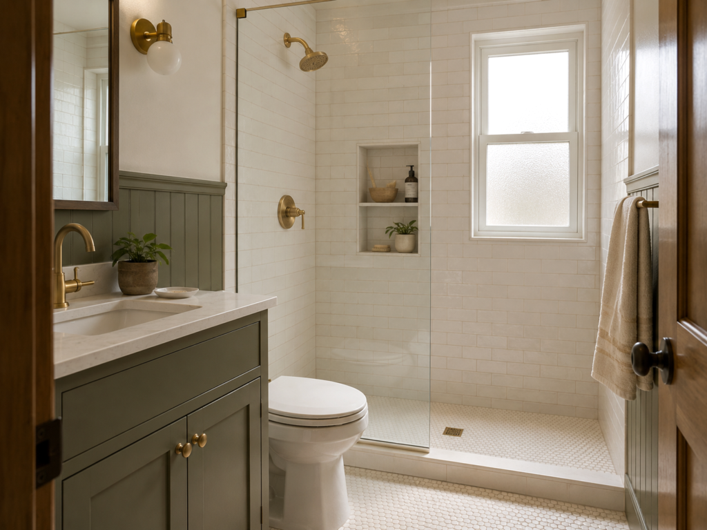 Portland Craftsman bathroom with a recessed two-level shower niche and olive vanity.