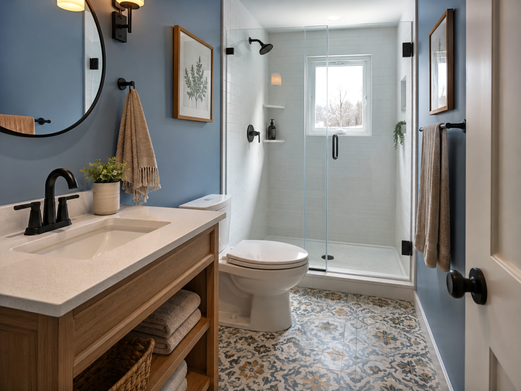 Minneapolis 5x8 bathroom using a compact corner vanity to preserve the central walkway.
