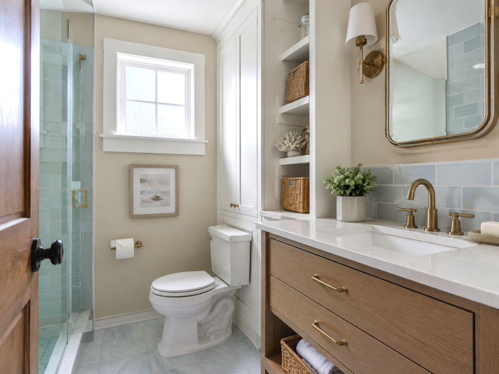 New England guest bathroom with vertical linen storage, shallow shelves, and a compact toilet.