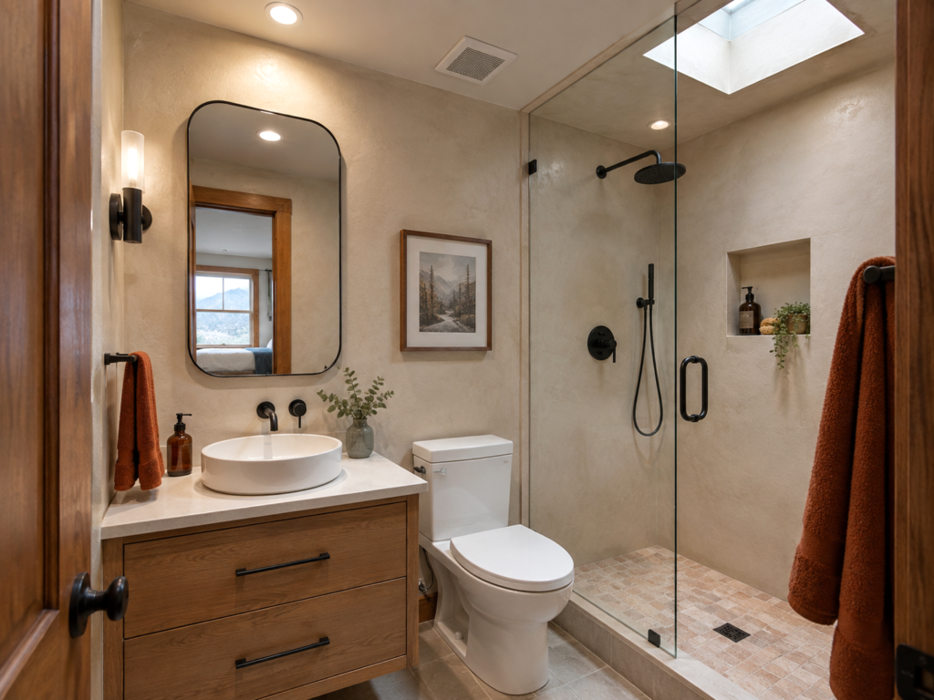 Denver compact bathroom with warm beige walls, oak vanity, frameless shower, and discreet ventilation.