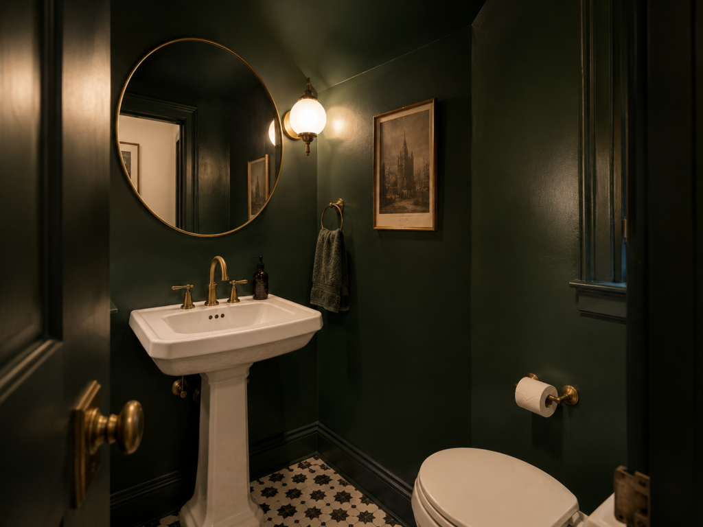 Small Chicago powder room using deep green walls with brass fixtures and a light vanity.