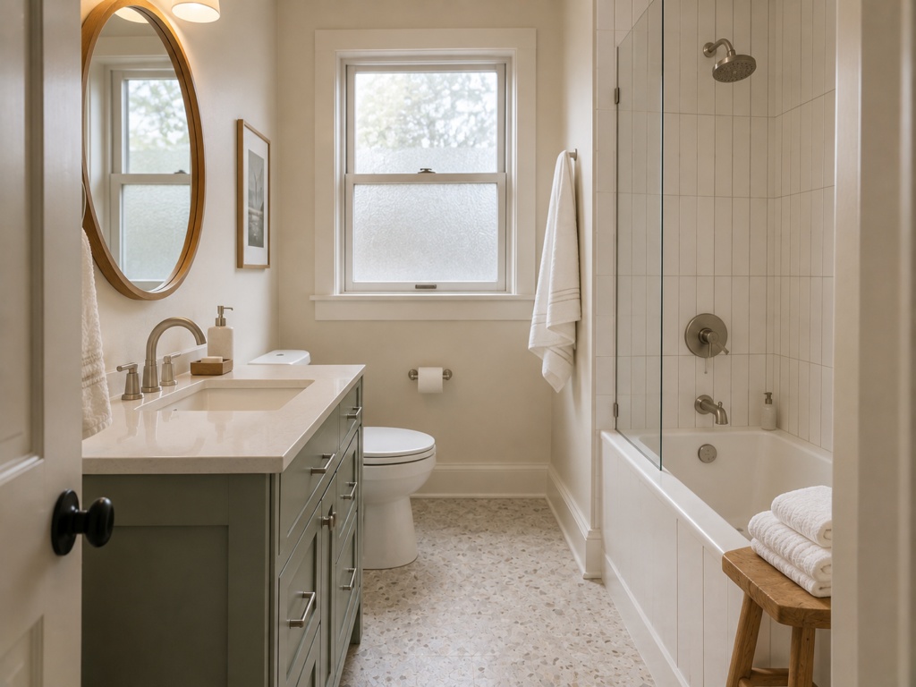 Compact bathroom with soft white walls, white fixtures, and continuous light finishes.