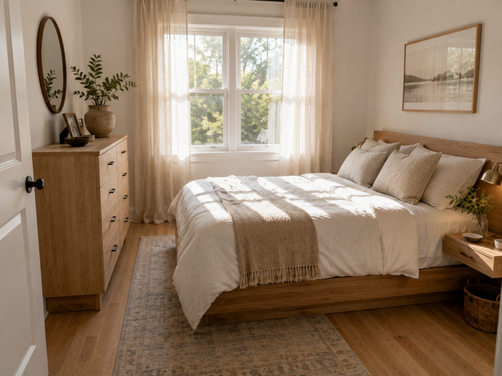 Low oak platform bed with a clear walkway in a small 9x10 bedroom.