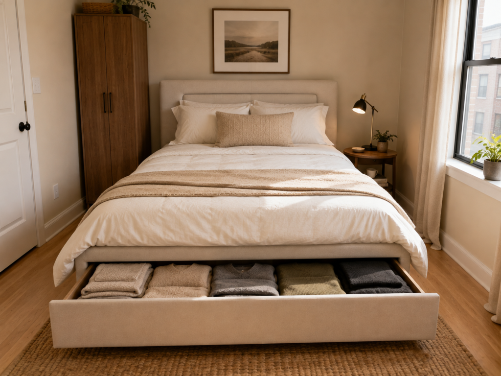 White daybed with storage drawers serving as both seating and sleeping space.