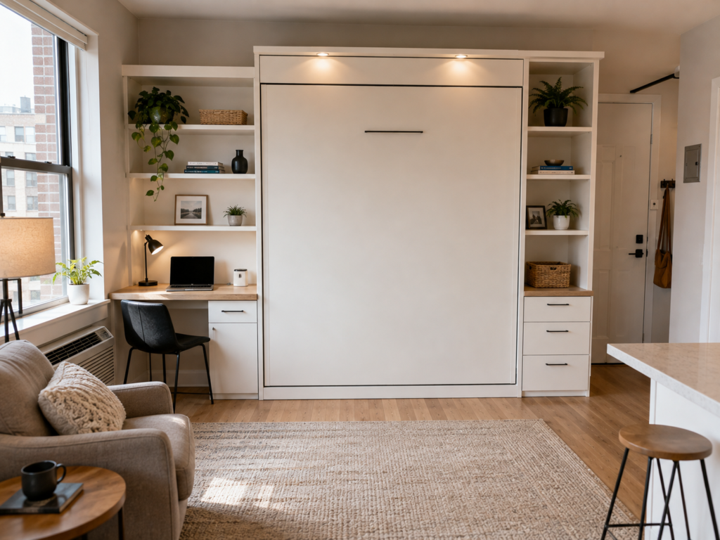 Folded Murphy bed with integrated shelving and desk in a small studio apartment.