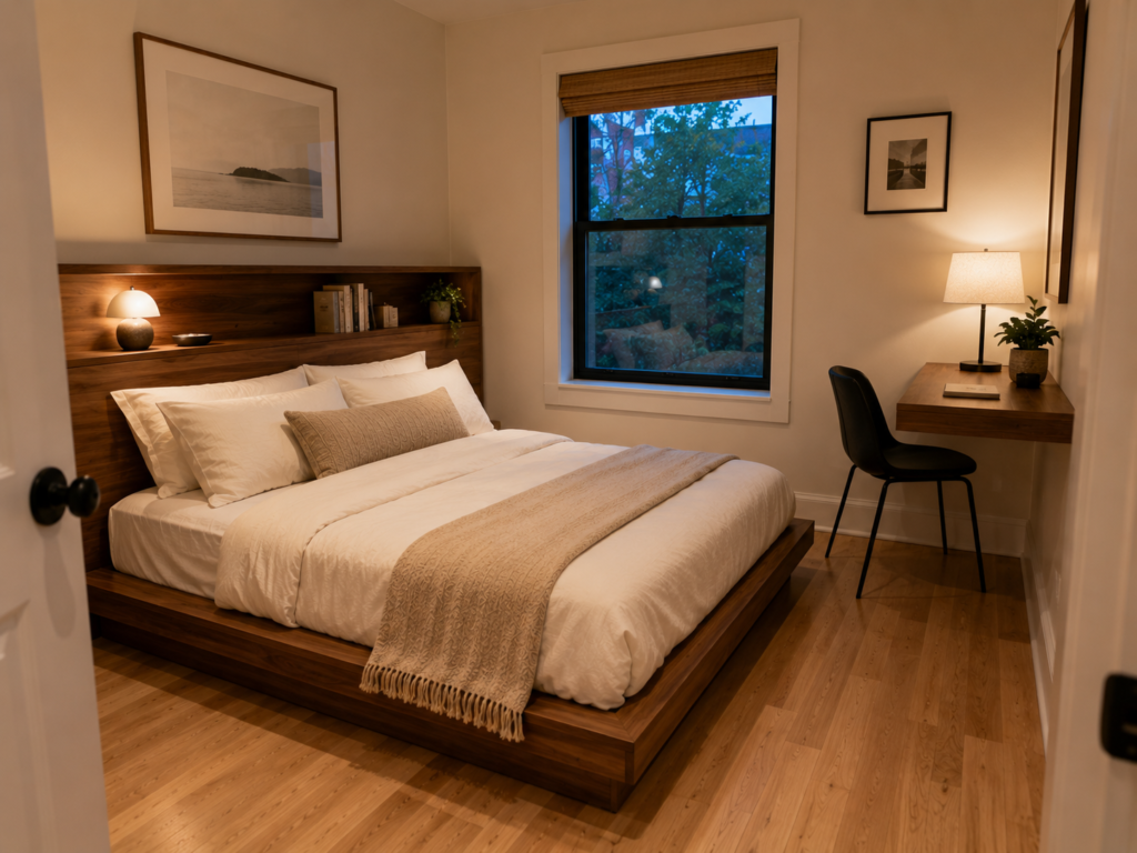 Walnut platform bed with built-in headboard shelves in a compact bedroom.