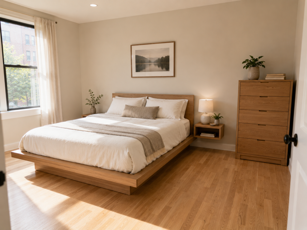 Simple natural wood platform bed with open floor space in a compact bedroom.