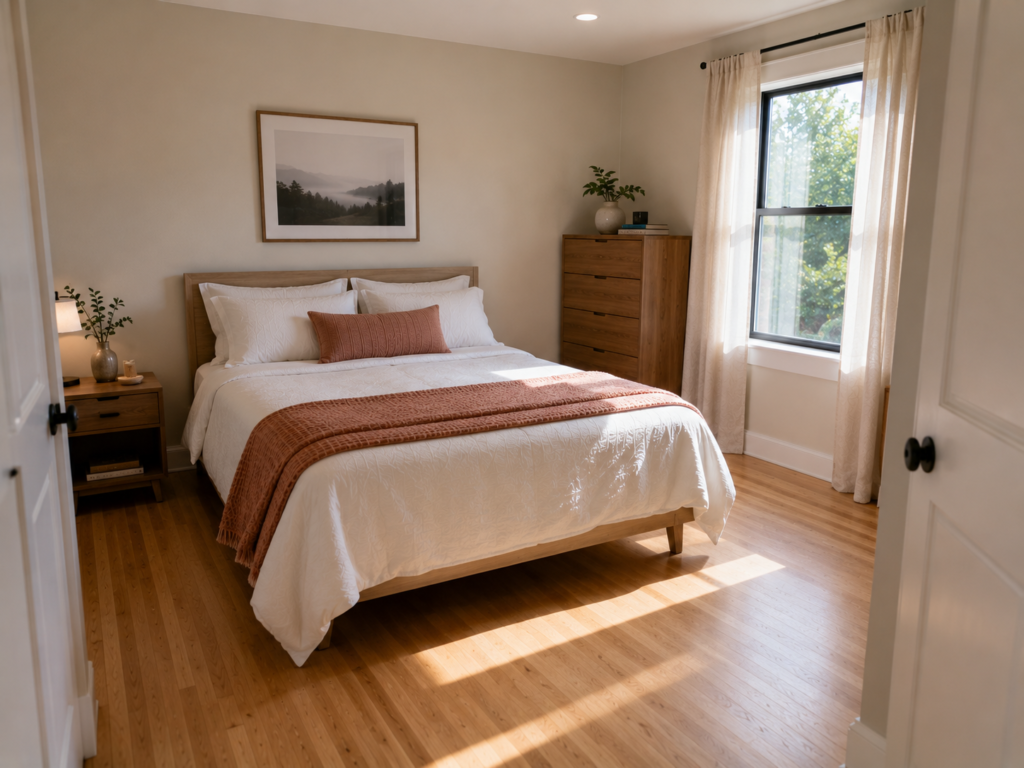 Full-size bed arranged to preserve walking space in a 10x10-foot bedroom.