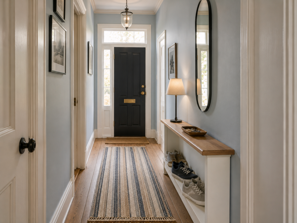 Narrow Brooklyn entryway with a walnut shoe-storage console, mirror, keys, and neatly stored shoes.