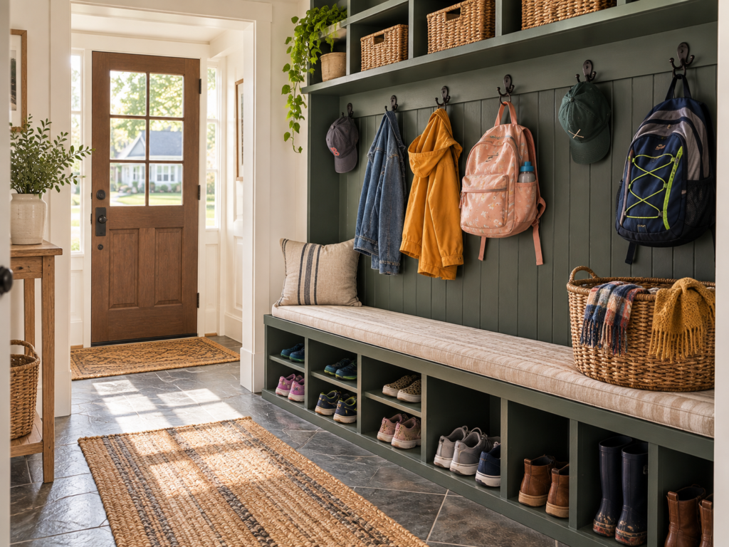 Columbus family entryway with individual shoe cubbies, backpack hooks, and organized footwear.