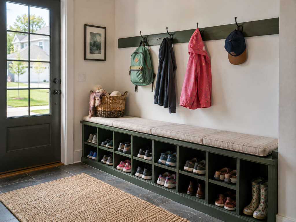 Chicago condo entryway with a slim closed shoe cabinet that hides footwear completely.