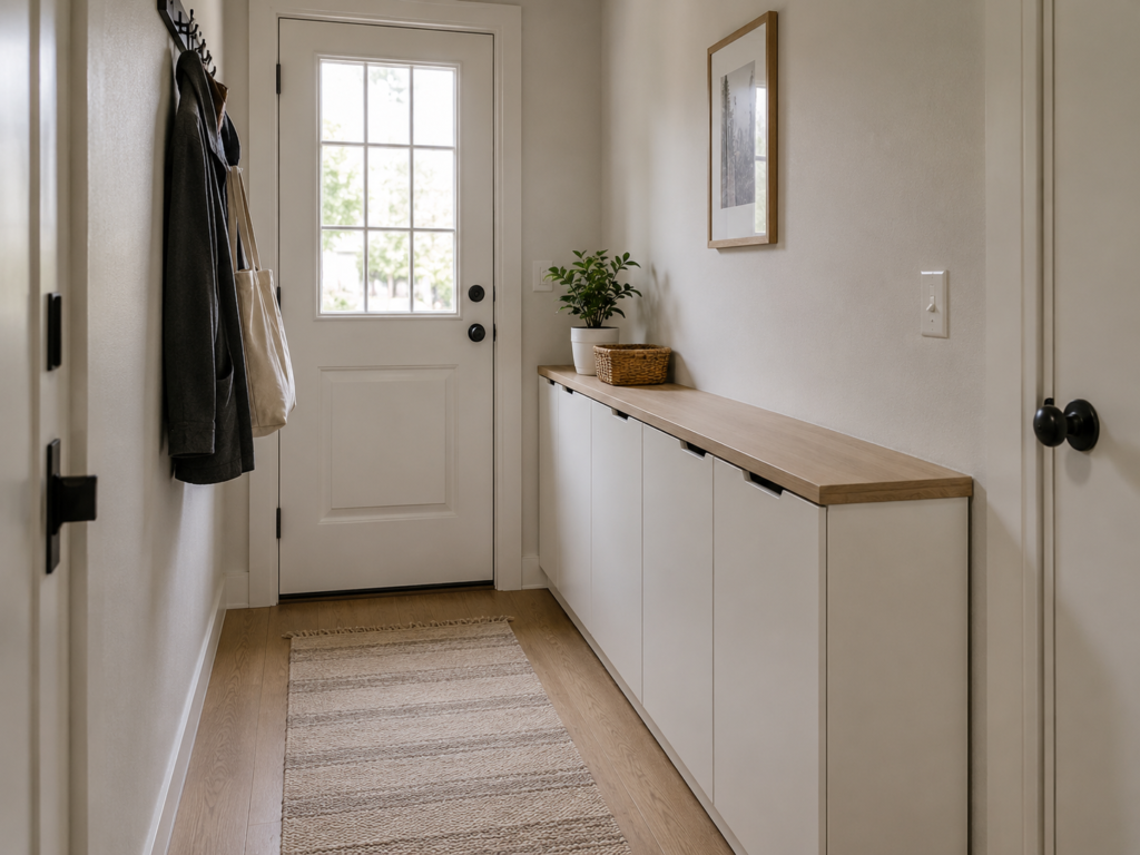 Chicago condo entryway with a slim closed shoe cabinet that hides footwear completely.