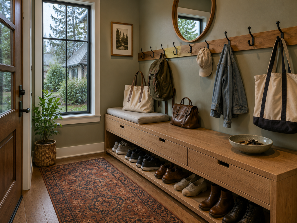 Seattle Craftsman entryway with a long oak storage bench holding shoes, bags, and everyday accessories.