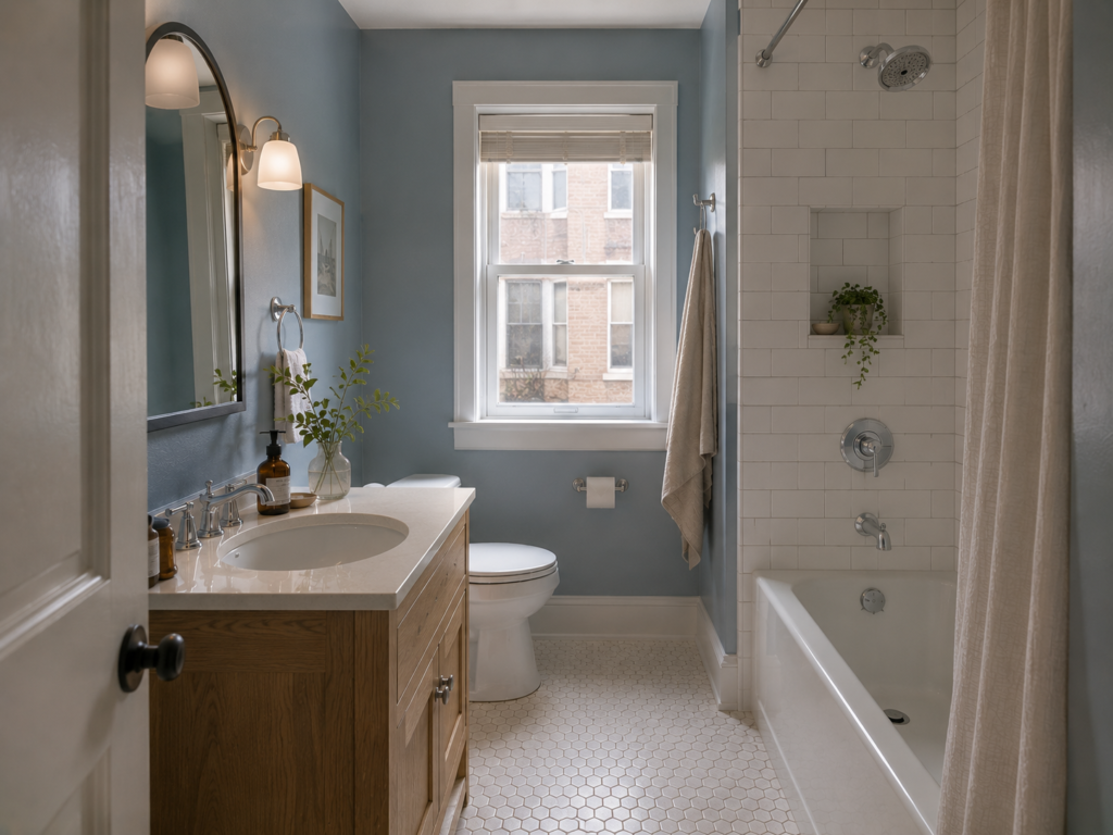 Compact bathroom with soft white walls, white fixtures, and continuous light finishes.