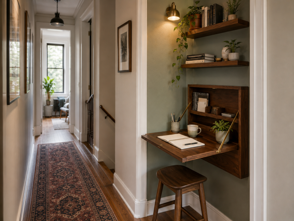 Brooklyn hallway alcove with a wall-mounted folding desk and floating storage shelves.