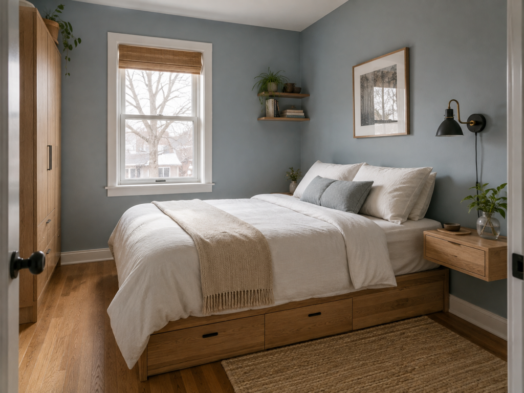 Compact Minneapolis bedroom using an oak storage bed and floating nightstand to preserve floor space.