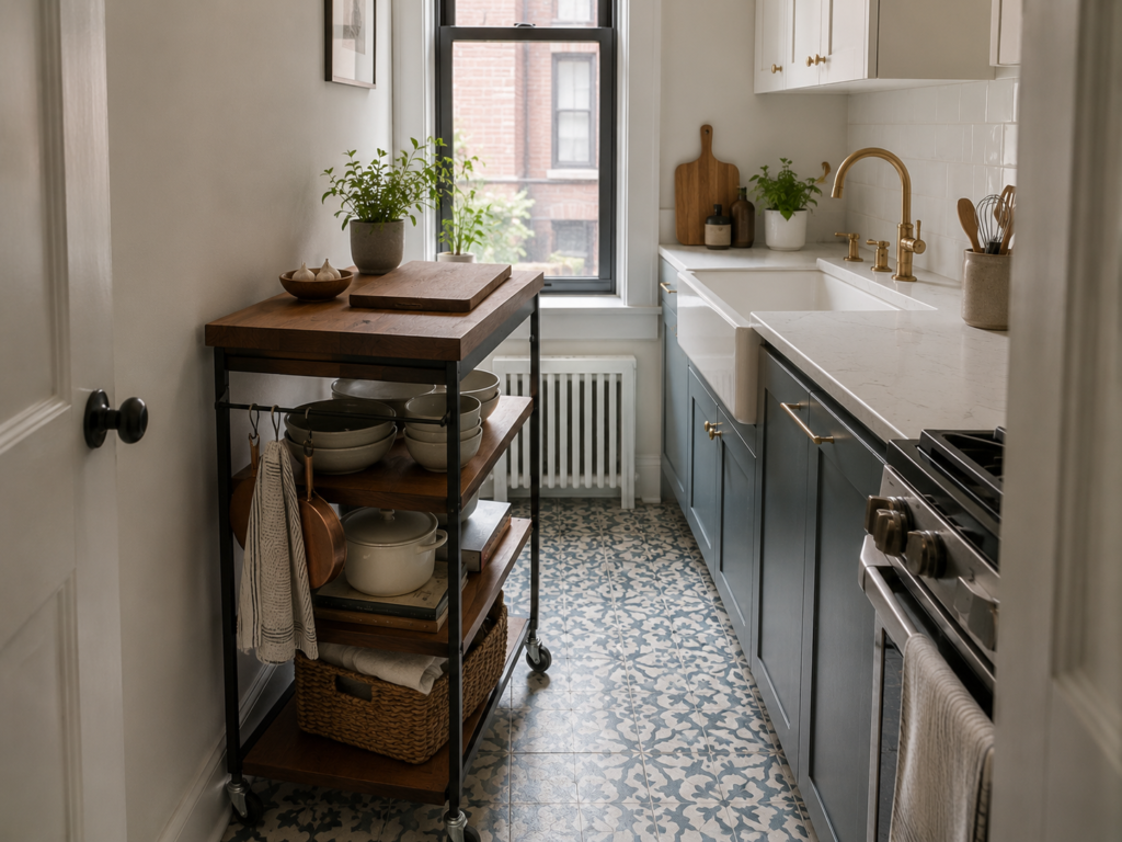 Narrow Boston kitchen using a rolling walnut cart for extra preparation space and storage.