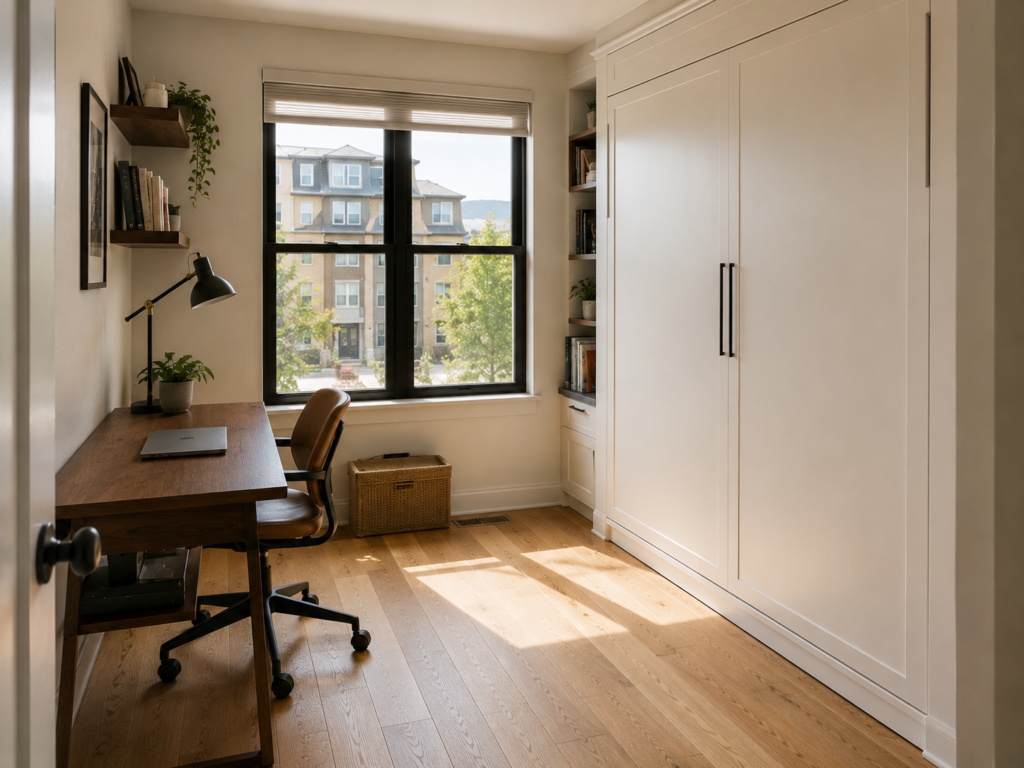 Denver guest room with a closed Murphy bed creating space for a compact home office.