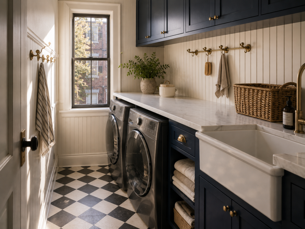 Dallas laundry room with side-by-side washer and dryer beneath a continuous oak folding counter.