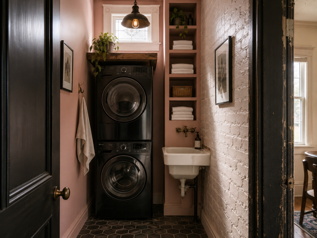 Narrow New York apartment laundry room with stacked appliances and a slim side folding station.
