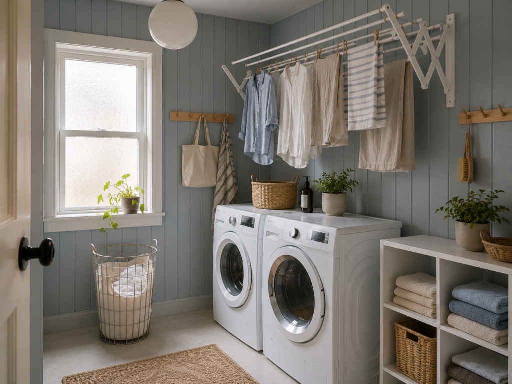 Portland laundry room with a wall-mounted drying rack above a compact storage cabinet.