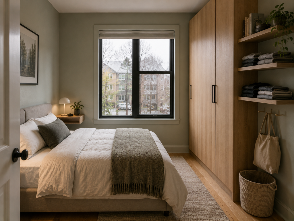 Small Minneapolis bedroom with carefully scaled furniture and an open central walkway.