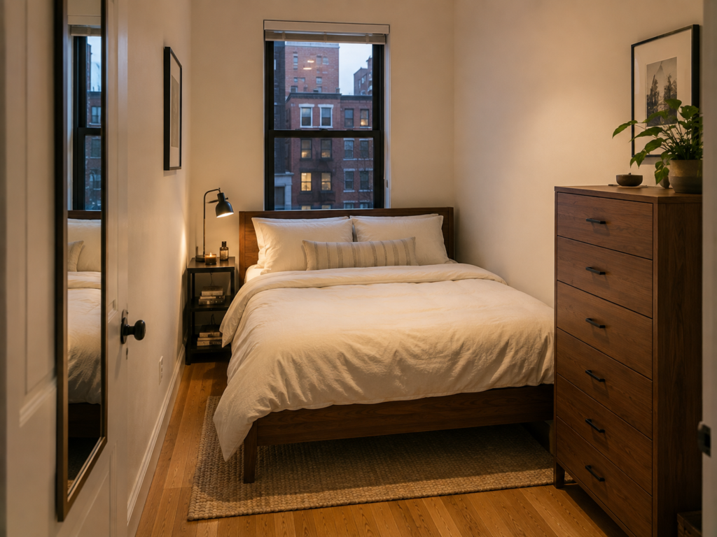 Small New York apartment bedroom arranged with a bed, narrow dresser, compact nightstand, and clear walking space.