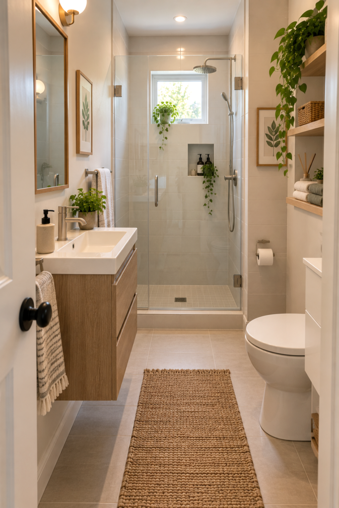 Small rectangular bathroom with a rear walk-in shower and fixtures along opposite side walls.