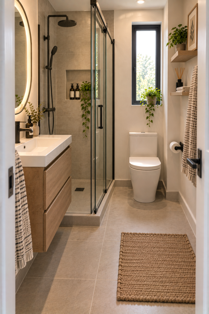 Compact bathroom with a glass shower positioned directly beside a small vanity.