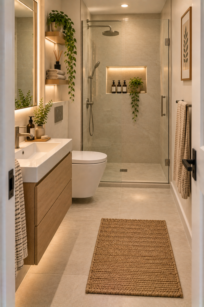 Small shower bathroom using a recessed shower niche for storage.