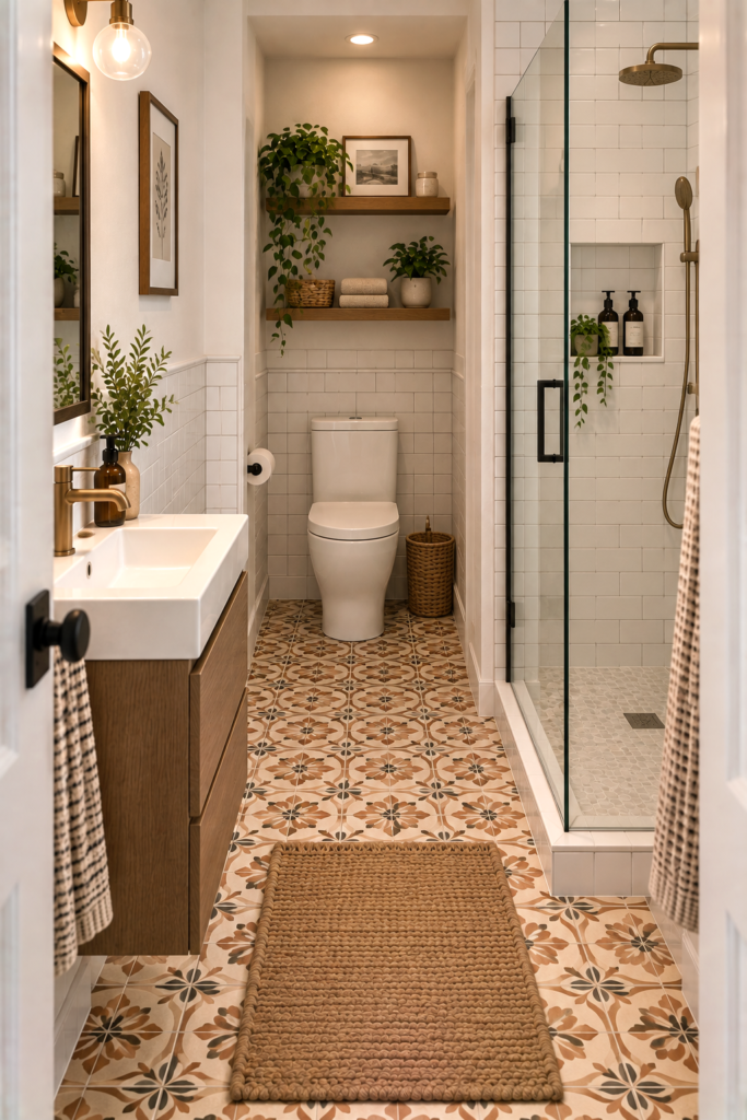 Scandinavian-style small bathroom with a walk-in shower and floating oak vanity.