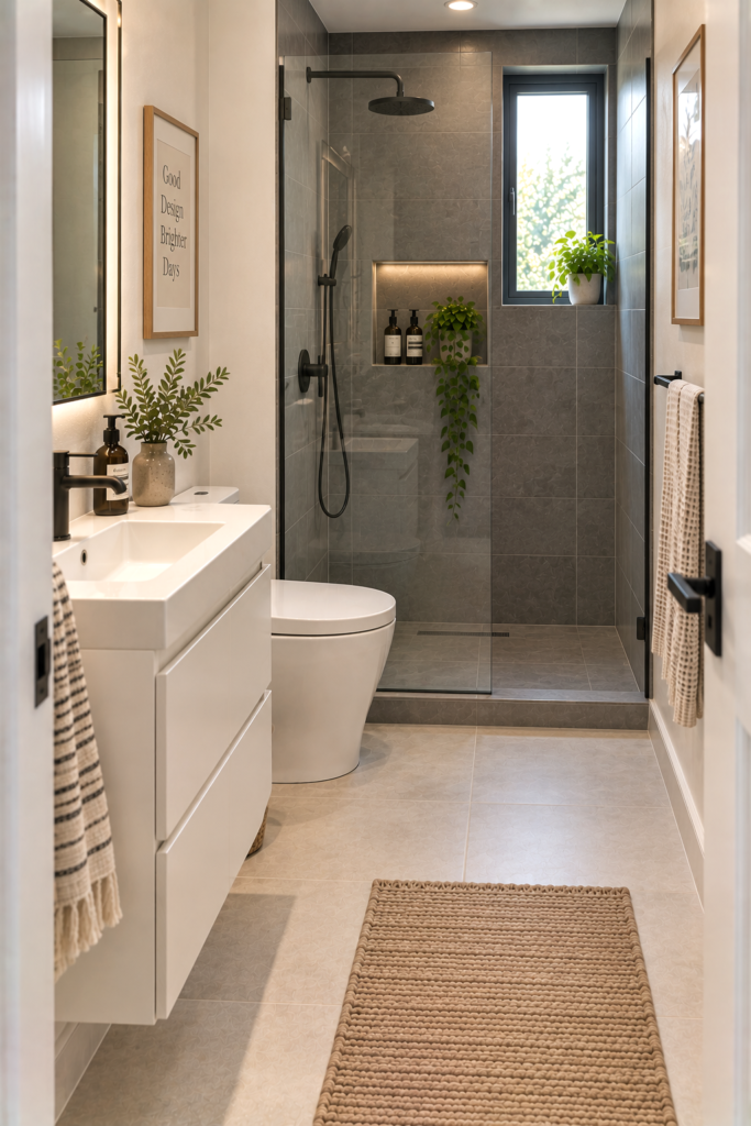 Small bathroom using dark shower tile against a lighter bathroom interior.