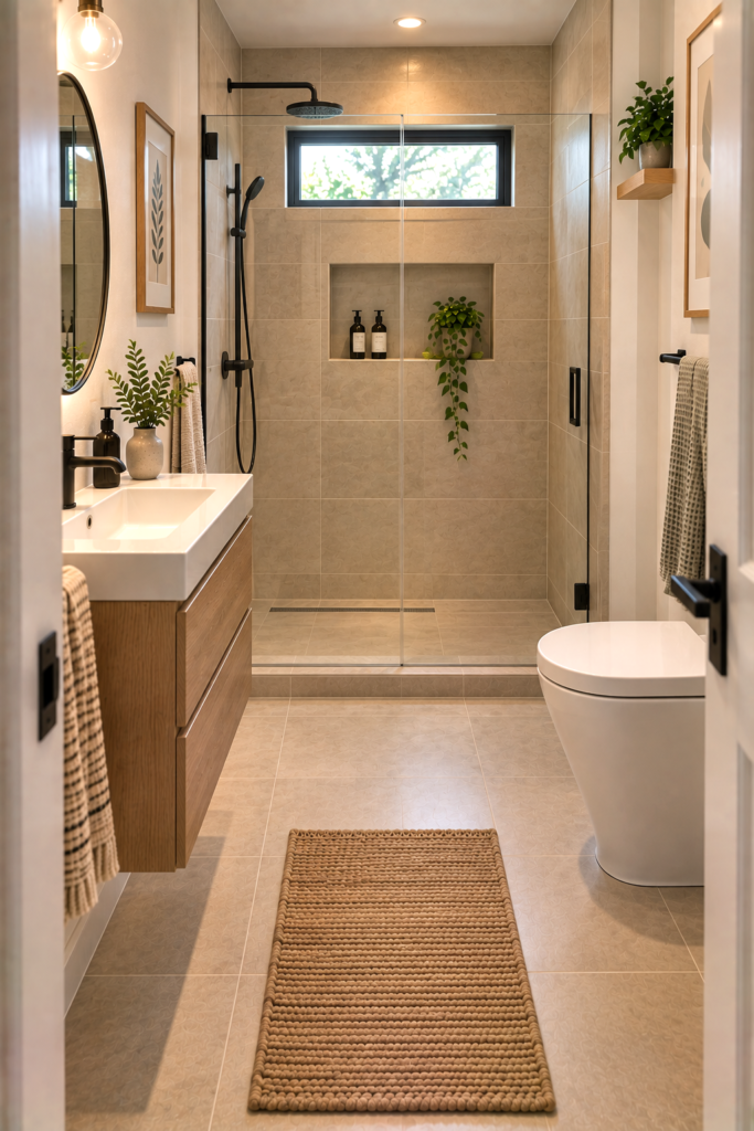  Efficient 5-by-8-foot small bathroom with shower, toilet, vanity and open central floor.