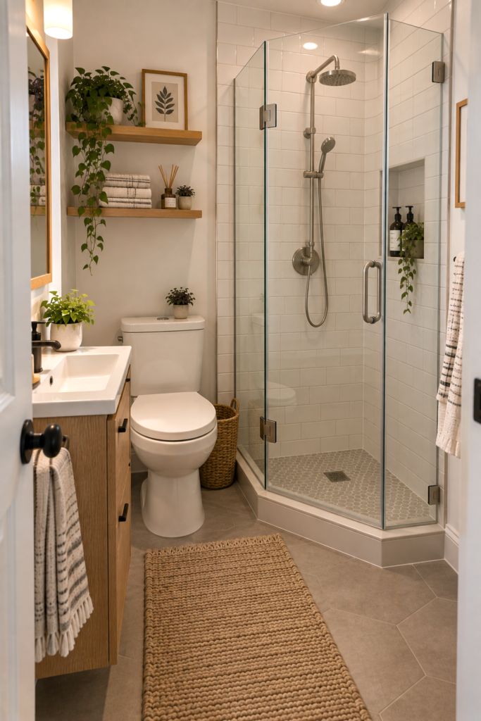 Corner shower positioned beside a toilet in a compact apartment bathroom