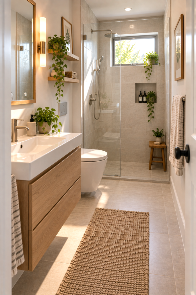 Small bathroom featuring a floating vanity that leaves visible floor underneath.