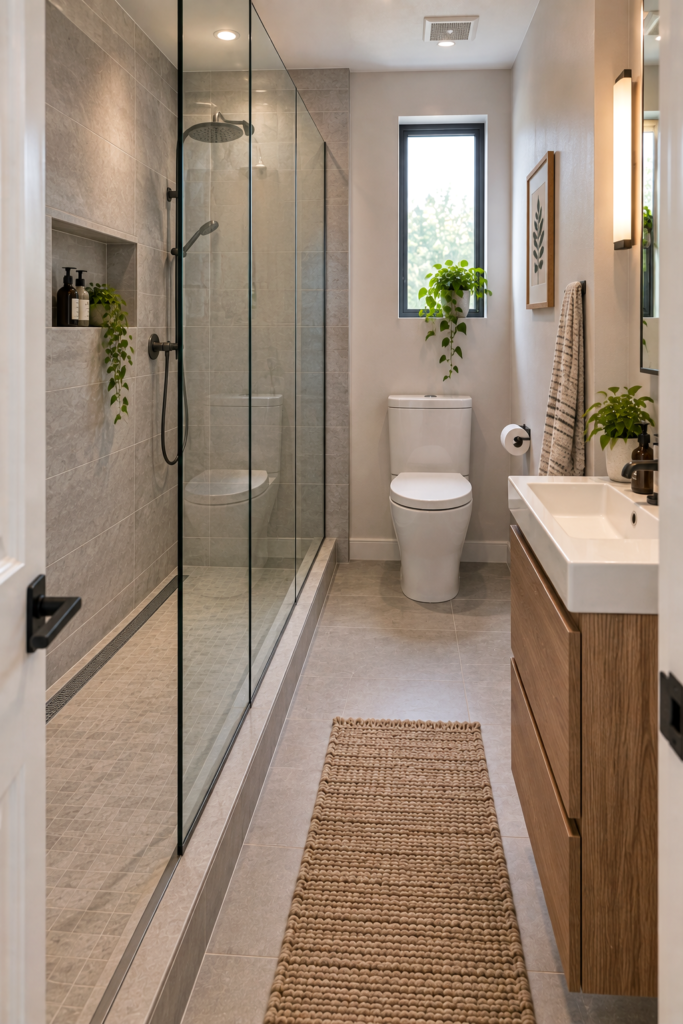  Long narrow bathroom with a walk-in shower running along one side wall