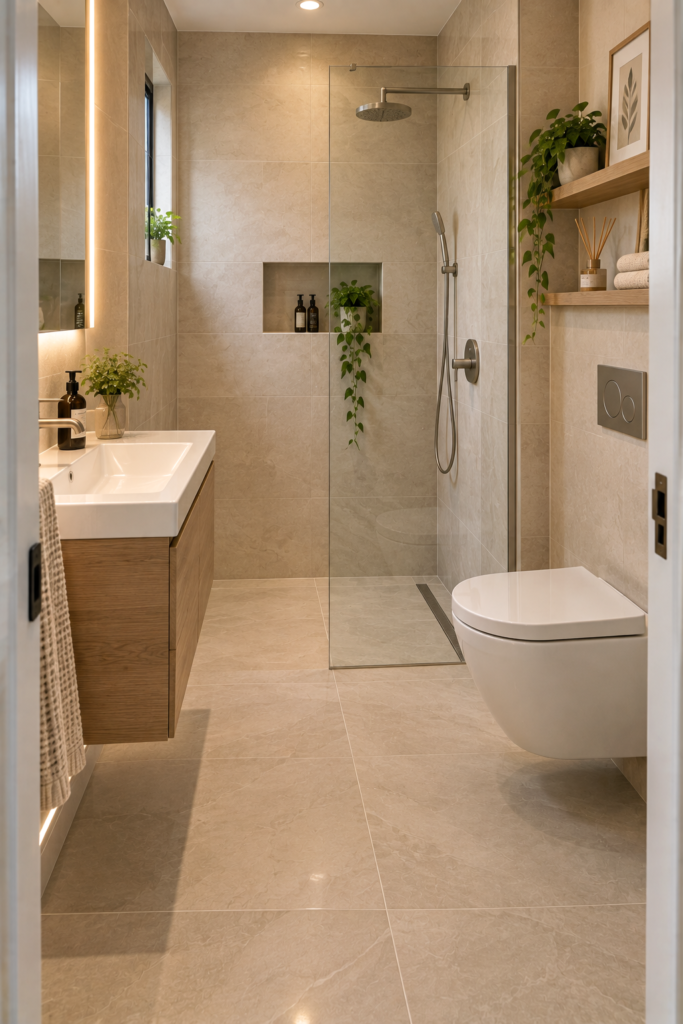  Curbless shower with fixed glass panel and continuous bathroom flooring