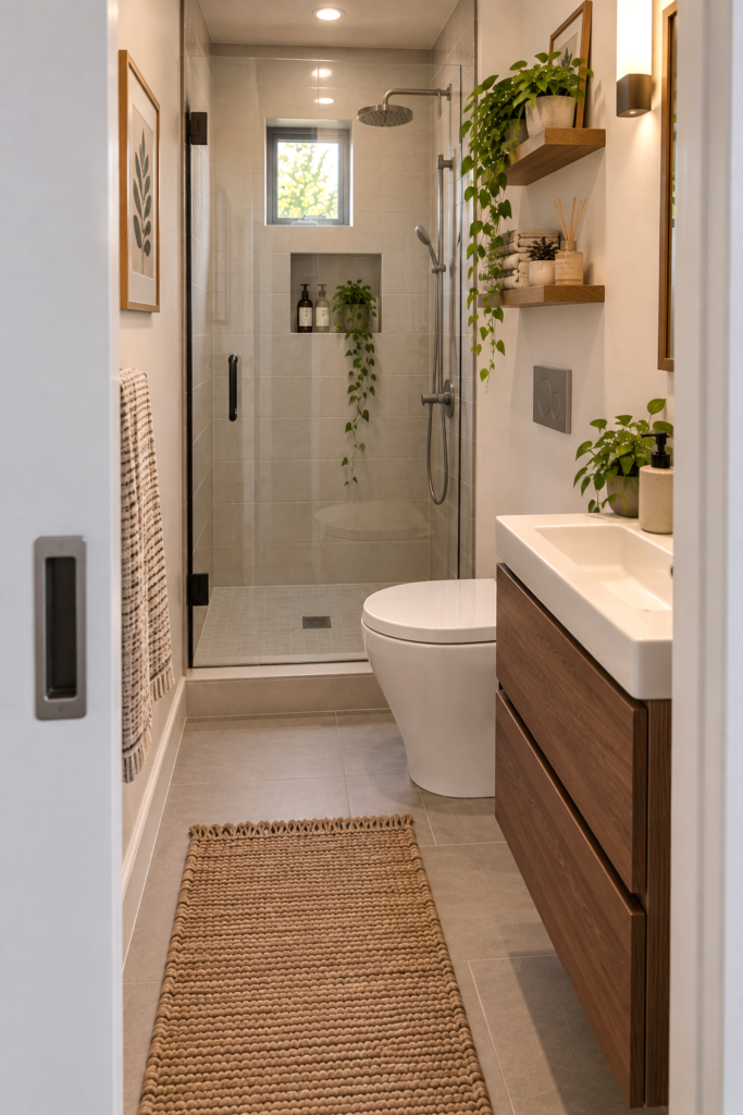 Small bathroom with a pocket door and compact shower layout.
