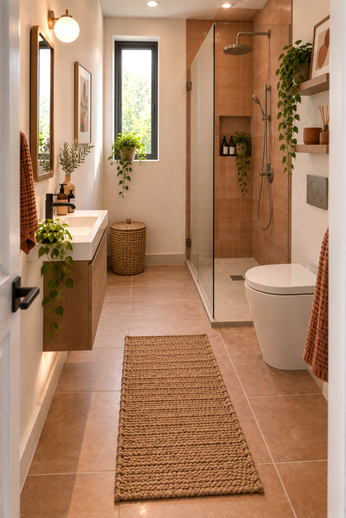 Small bathroom with the shower and toilet aligned along one wall.