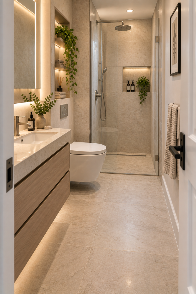 Compact bathroom with a wall-hung toilet, narrow shower and floating vanity.