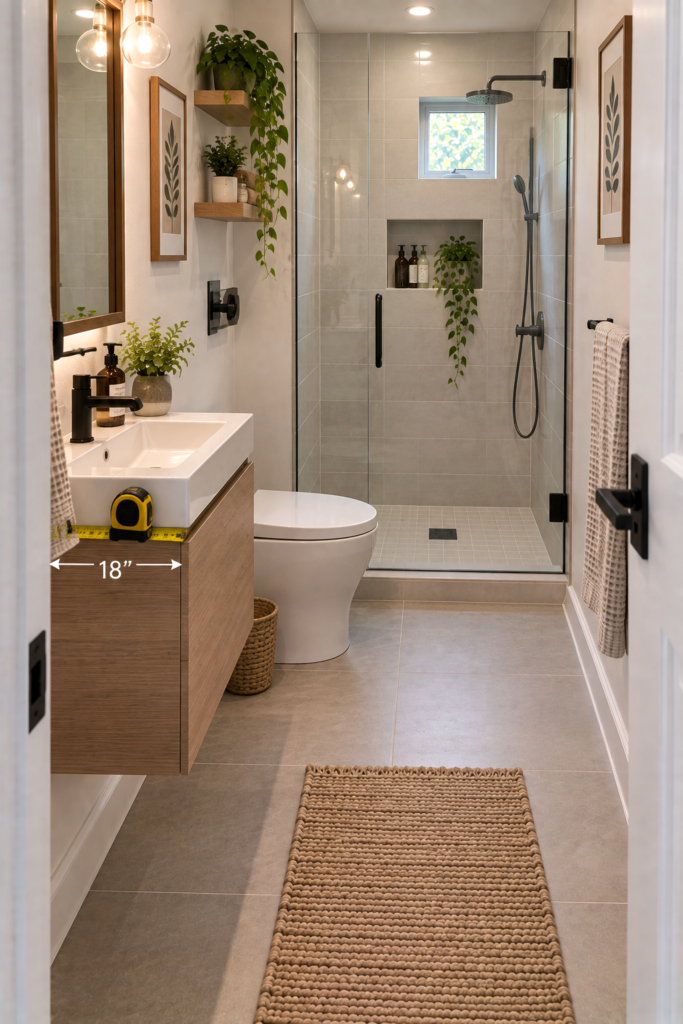 Small bathroom with a shallow vanity creating additional walking clearance.