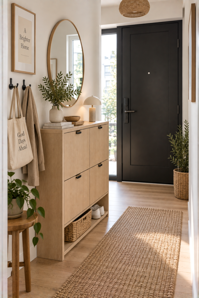 Pale oak cabinet and woven basket in a Scandinavian-style compact entryway.