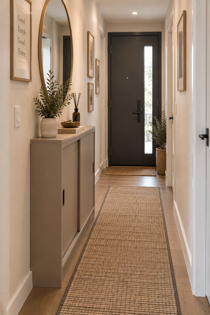 Shallow sliding-door cabinet installed in an extremely narrow hallway.
