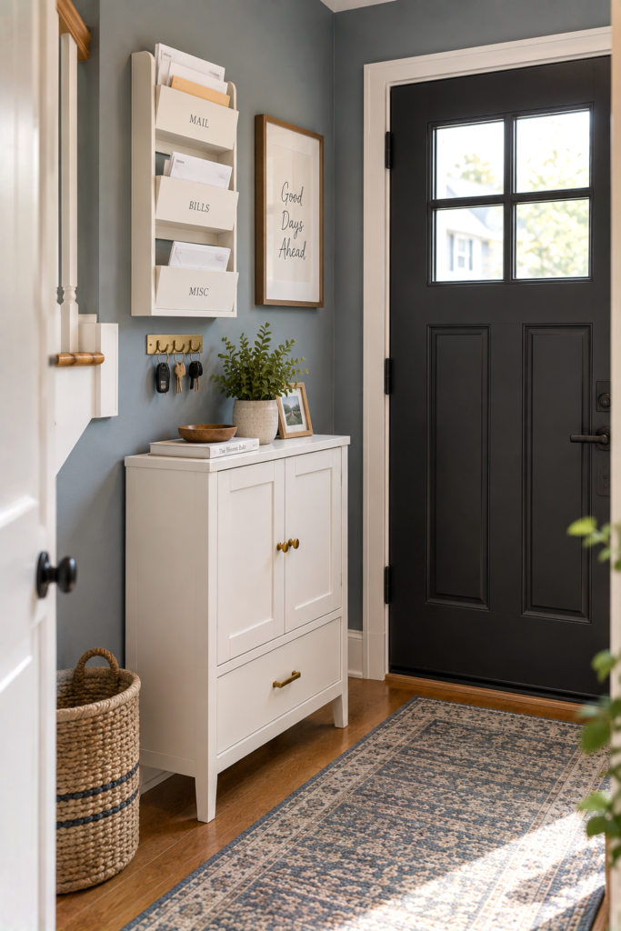 Small white entryway cabinet with organized mail storage and key hooks.
