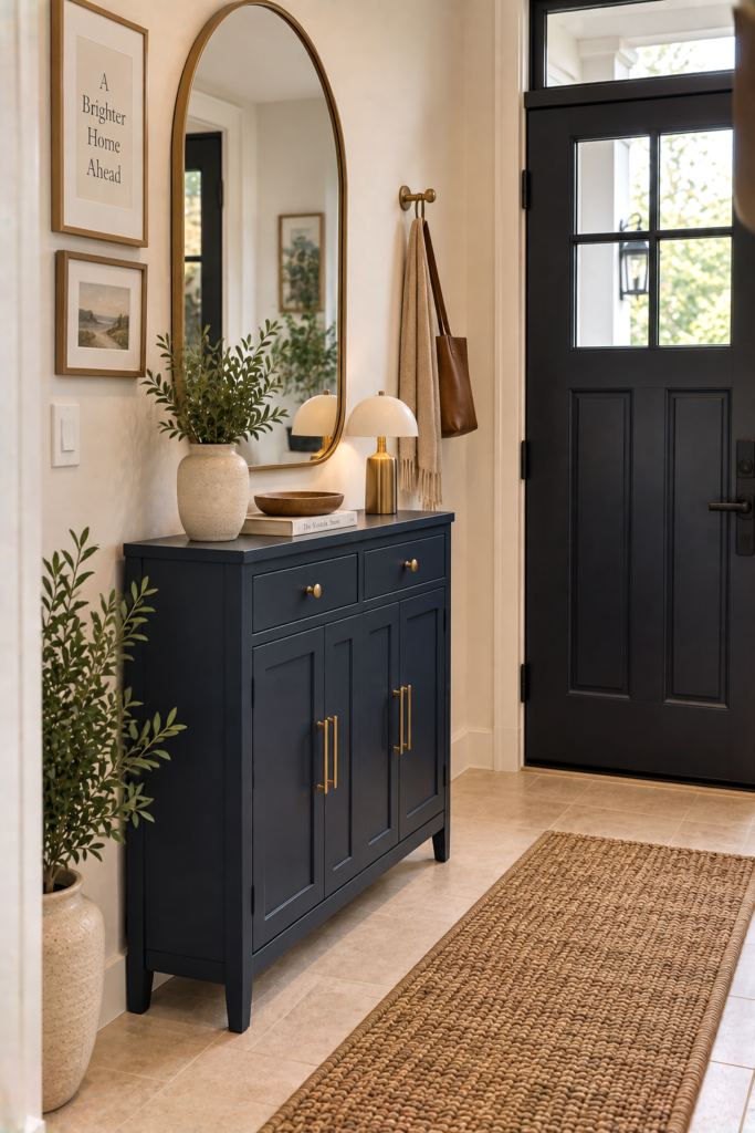 Deep navy small entryway cabinet with brass hardware beneath an arched mirror.