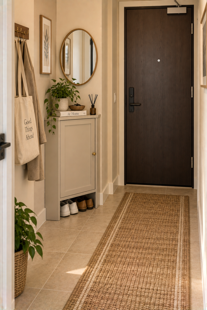 Compact corner cabinet using an awkward space near an apartment entrance.