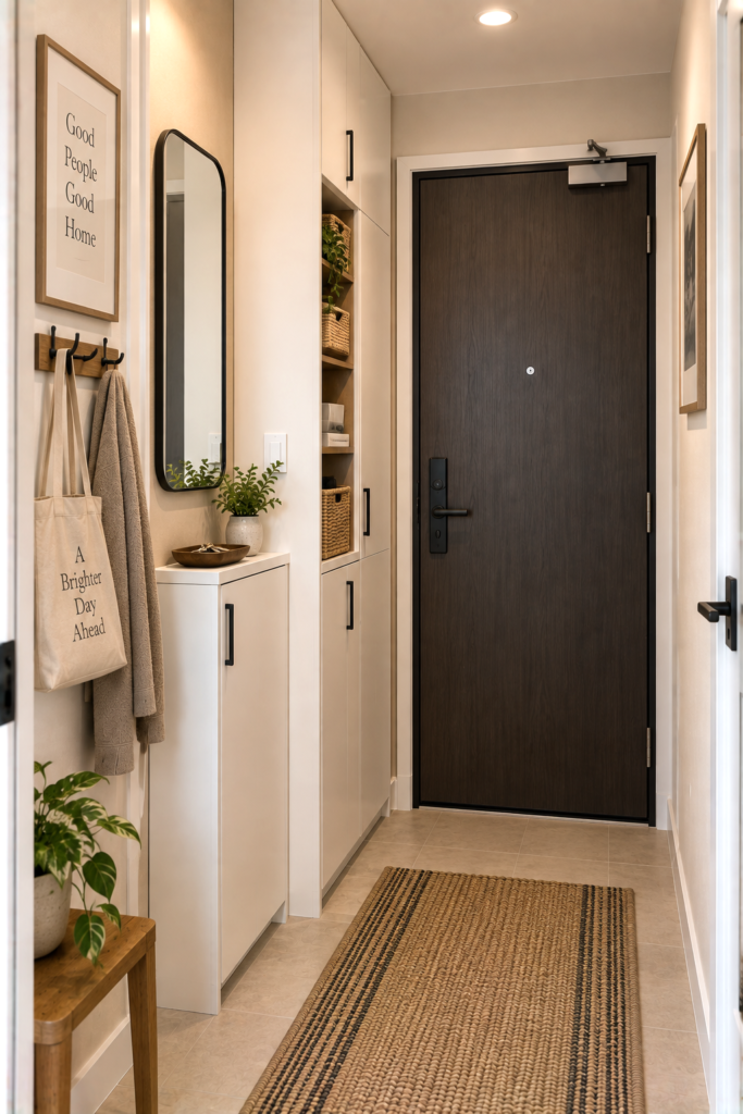 Floor-to-ceiling slim cabinet maximizing storage in a tiny foyer.
