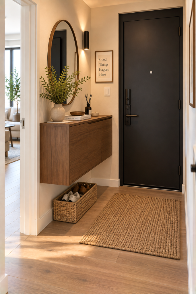 Floating walnut cabinet with open floor space underneath in a compact foyer